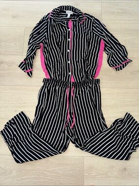 DKNY Black and White Striped Jumpsuit with Pink Trim